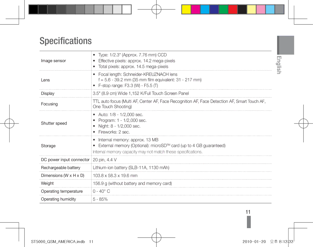 Samsung EC-ST5000BPADZ, EC-ST5000BPBE1, EC-ST5000BPBGS, EC-ST5000BPUIT, EC-ST5000BPBIT, EC-ST5000BPAIT manual Specifications 