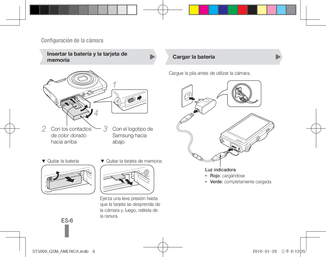 Samsung EC-ST5000DPBME manual ES-6, Insertar la batería y la tarjeta de memoria, Con los contactos, Cargar la batería 