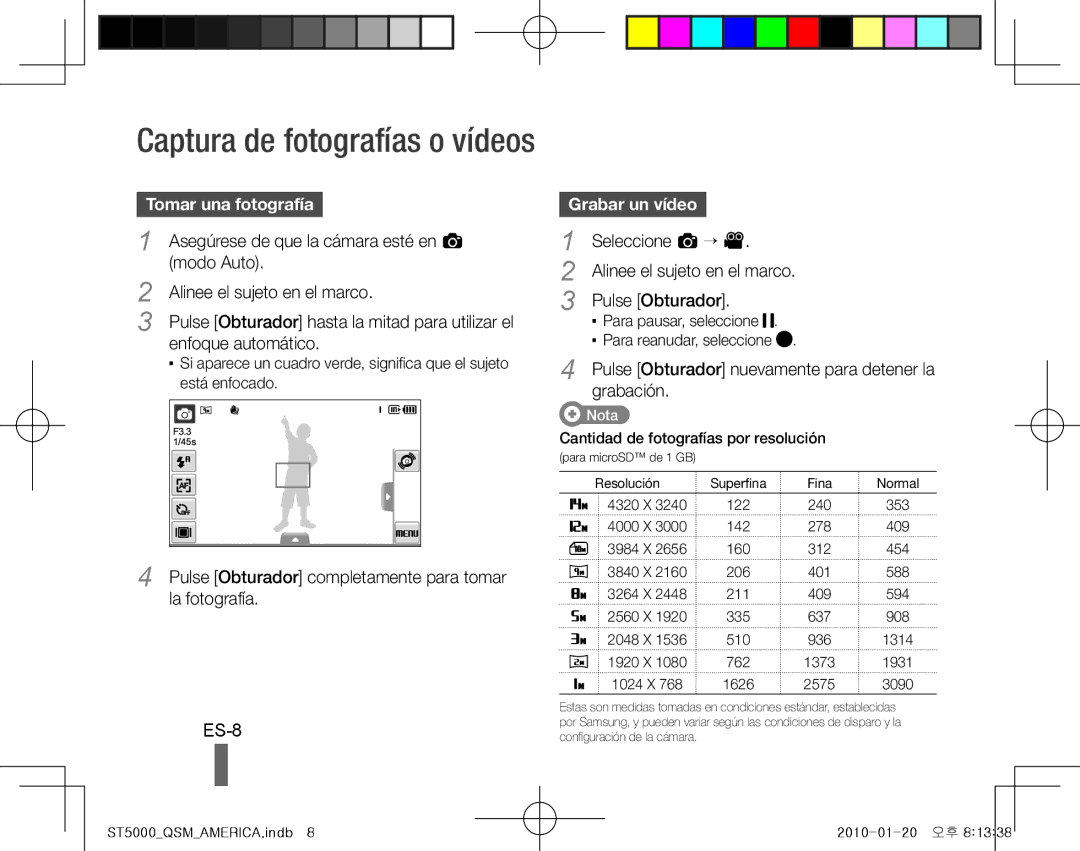 Samsung EC-ST5000BPBIL, EC-ST5000BPBE1, EC-ST5000BPBGS, EC-ST5000BPUIT manual ES-8, Tomar una fotografía, Grabar un vídeo 