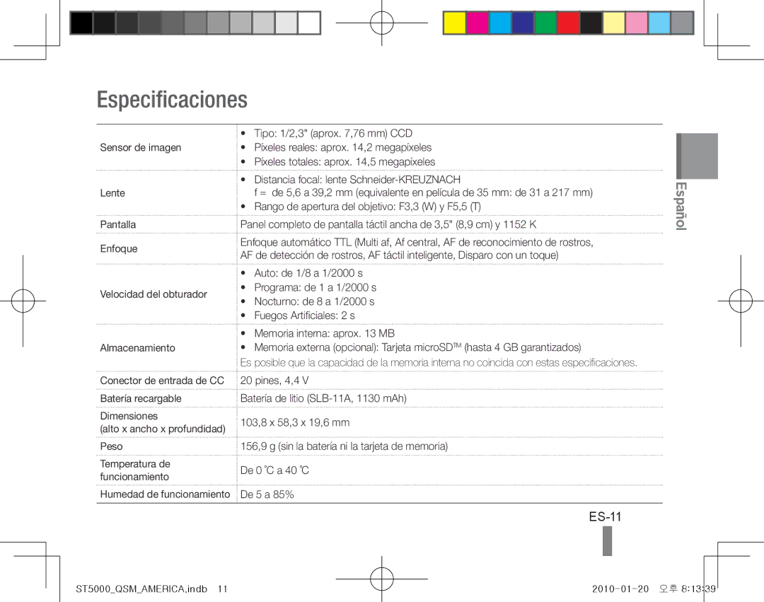 Samsung EC-ST5000BPUSA, EC-ST5000BPBE1, EC-ST5000BPBGS manual Especificaciones, ES-11, Batería recargable Dimensiones, Peso 