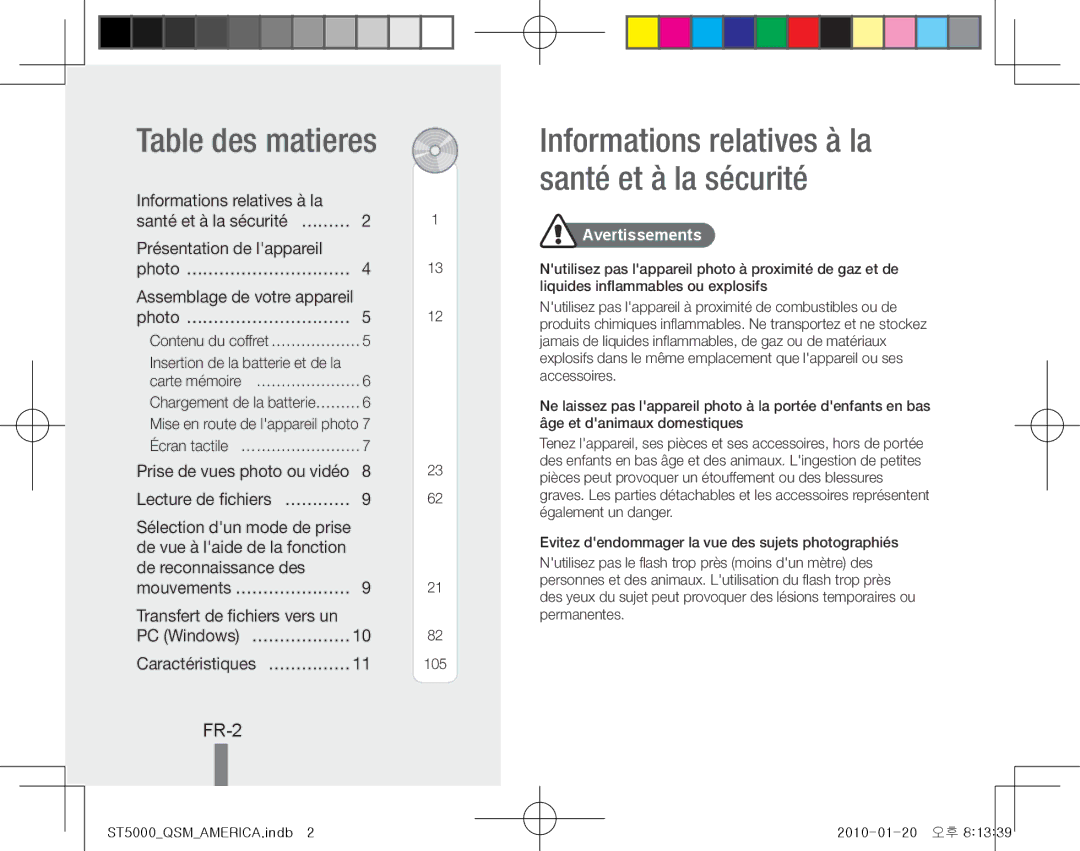 Samsung EC-ST5000BPOVN, EC-ST5000BPBE1 manual Table des matieres, Informations relatives à la santé et à la sécurité, FR-2 