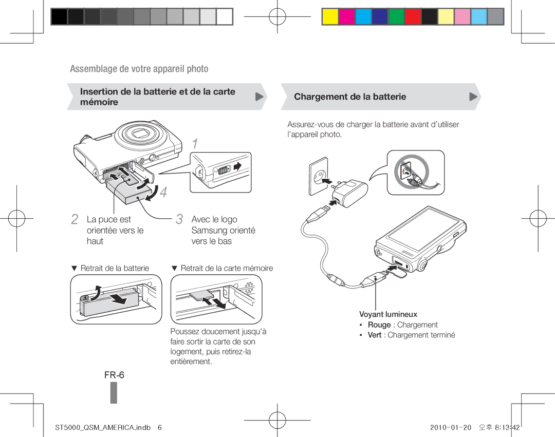 Samsung EC-ST5000BPAVN FR-6, Insertion de la batterie et de la carte mémoire, La puce est Avec le logo Orientée vers le 