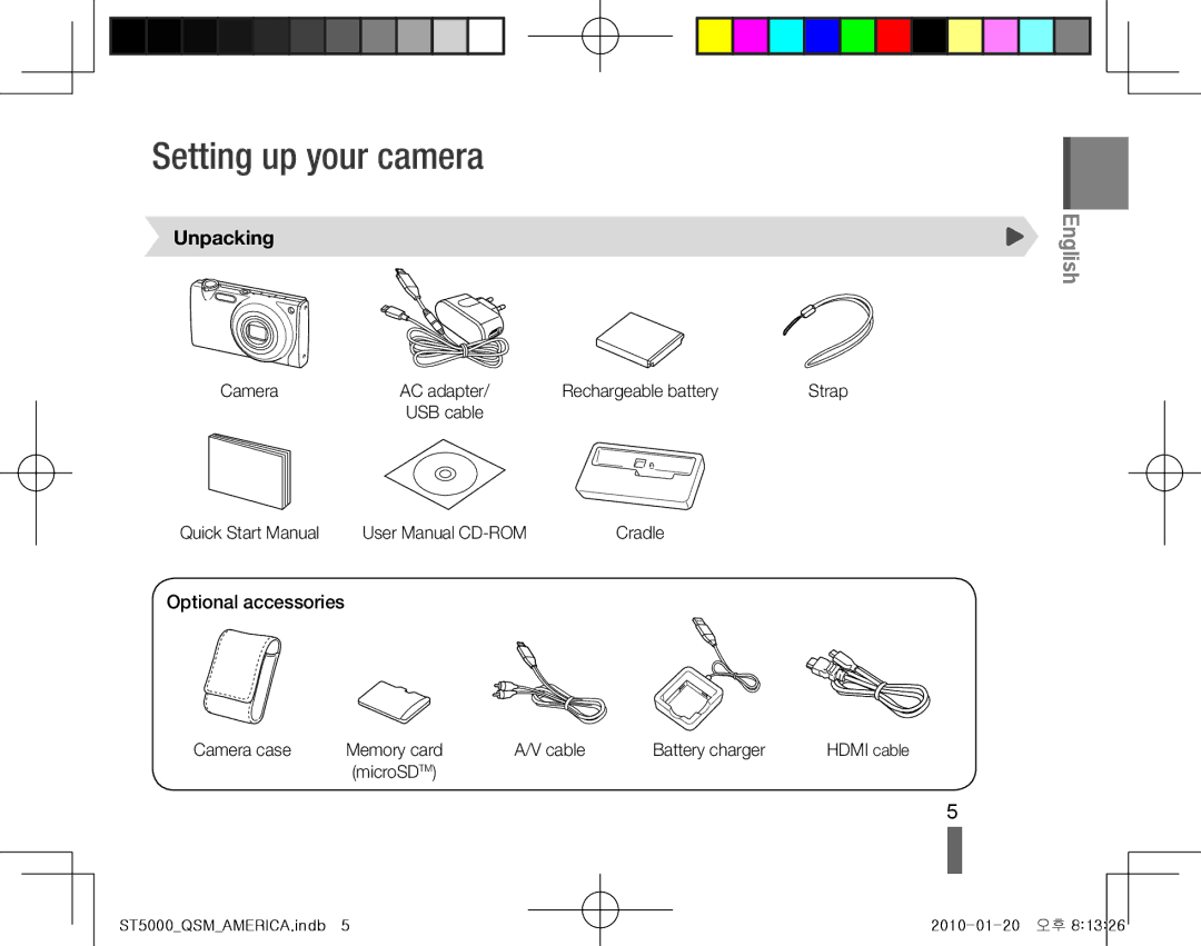 Samsung EC-ST5000BPOIT, EC-ST5000BPBE1, EC-ST5000BPBGS manual Setting up your camera, Unpacking, Optional accessories 