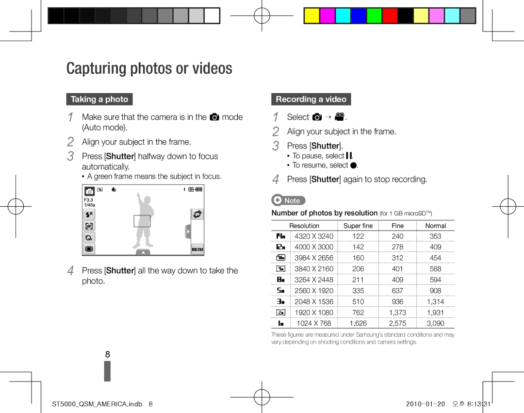 Samsung EC-ST5000BPASA, EC-ST5000BPBE1, EC-ST5000BPBGS manual Capturing photos or videos, Taking a photo, Recording a video 