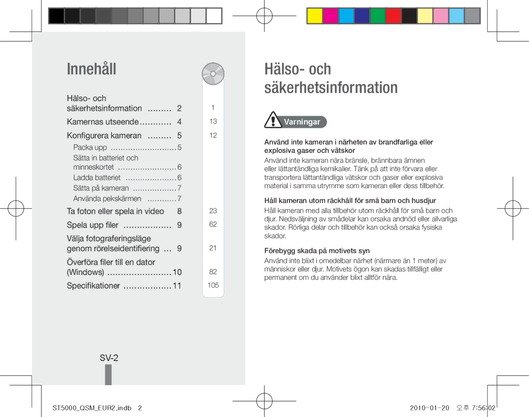 Samsung EC-ST5000BPOVN, EC-ST5000BPBE1, EC-ST5000BPBGS, EC-ST5000BPUIT, EC-ST5000BPBIT, EC-ST5000BPAIT manual Innehåll, SV-2 