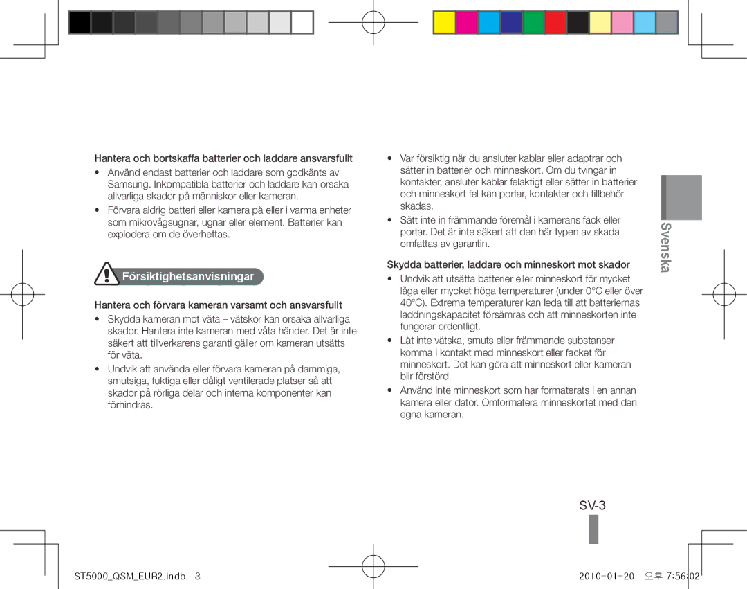 Samsung EC-ST5000BDAVN manual SV-3, Hantera och bortskaffa batterier och laddare ansvarsfullt, Försiktighetsanvisningar 