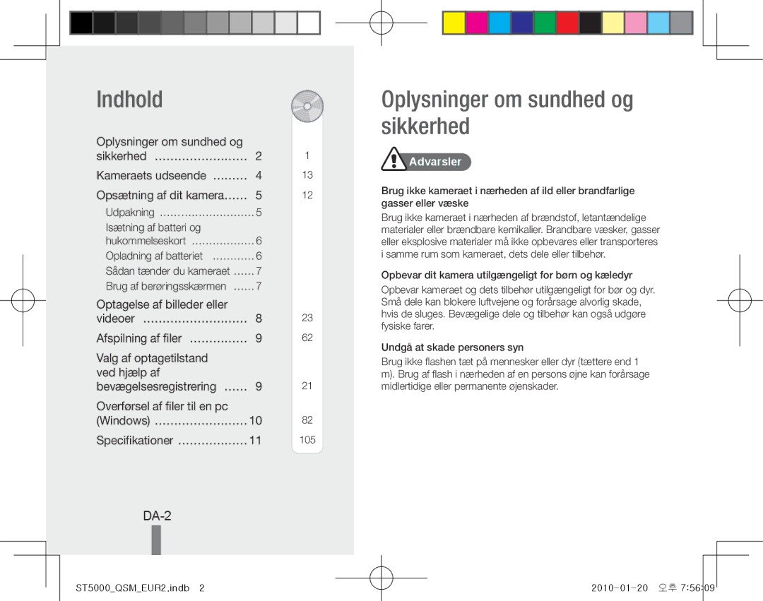 Samsung EC-ST5000BPBRU, EC-ST5000BPBE1, EC-ST5000BPBGS manual Indhold, Oplysninger om sundhed og sikkerhed, DA-2, Advarsler 