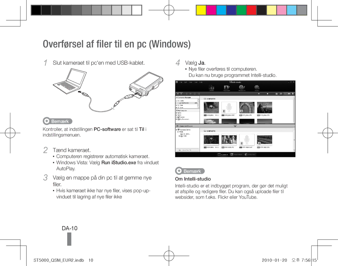 Samsung EC-ST5000BPUIT, EC-ST5000BPBE1, EC-ST5000BPBGS, EC-ST5000BPBIT manual Overførsel af filer til en pc Windows, DA-10 