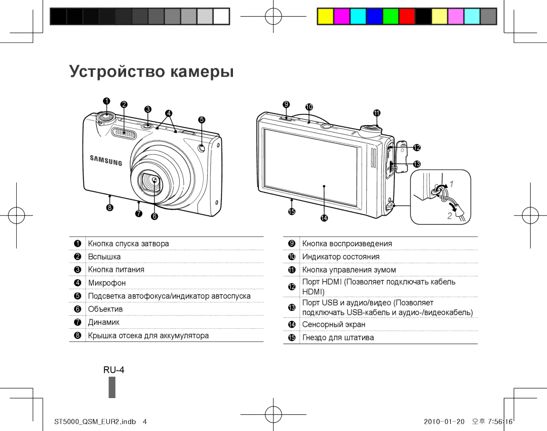 Samsung EC-ST5000BPAE1, EC-ST5000BPBE1, EC-ST5000BPBGS Устройство камеры, RU-4, 14 Сенсорный экран 15 Гнездо для штатива 