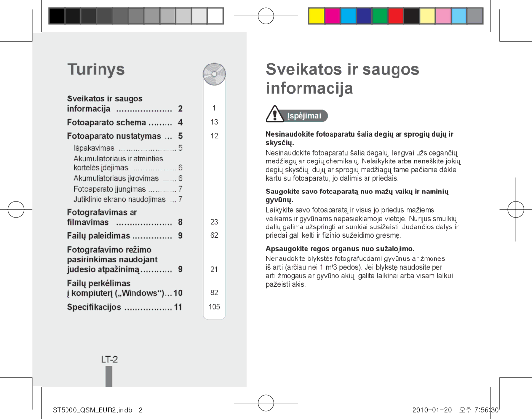 Samsung EC-ST5000BPBVN, EC-ST5000BPBE1, EC-ST5000BPBGS manual Turinys, Sveikatos ir saugos informacija, LT-2, Įspėjimai 