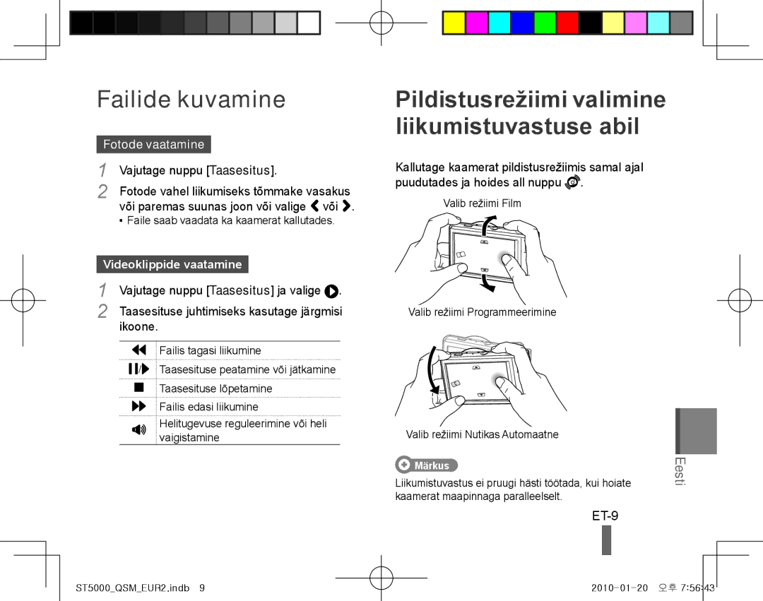 Samsung EC-ST5000BPBIT manual Failide kuvamine, Pildistusrežiimi valimine liikumistuvastuse abil, ET-9, Fotode vaatamine 