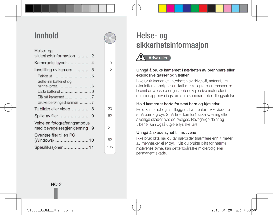 Samsung EC-ST5000DPBME, EC-ST5000BPBE1, EC-ST5000BPBGS, EC-ST5000BPUIT Innhold, NO-2, Helse- og, Overføre filer til en PC 