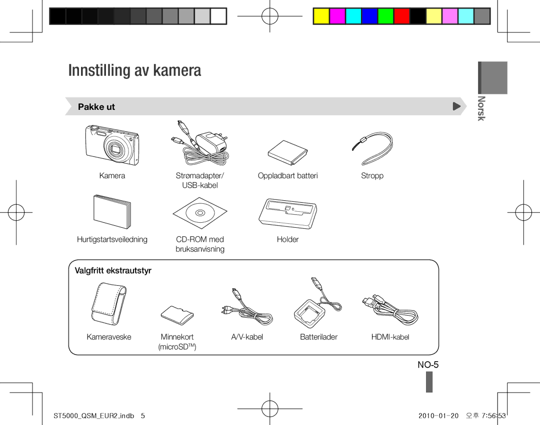 Samsung EC-ST5000BPBSA, EC-ST5000BPBE1, EC-ST5000BPBGS manual Innstilling av kamera, NO-5, Pakke ut, Valgfritt ekstrautstyr 