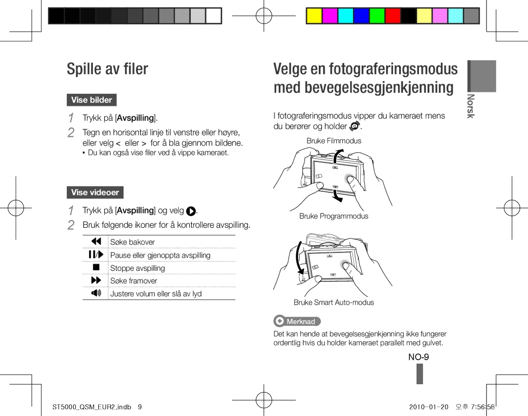 Samsung EC-ST5000BDAVN, EC-ST5000BPBE1 manual Spille av filer, NO-9, Vise bilder, Trykk på Avspilling, Vise videoer 