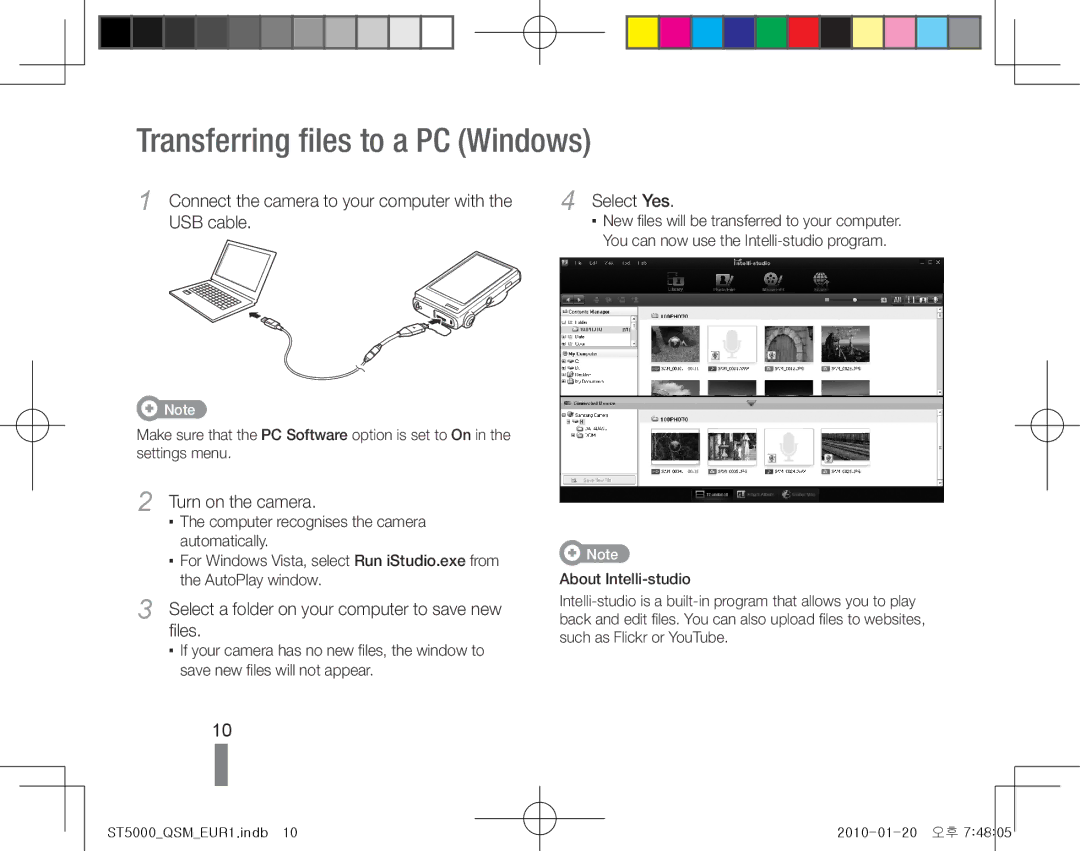 Samsung EC-ST5000BPOSA manual Transferring files to a PC Windows, Connect the camera to your computer with the USB cable 