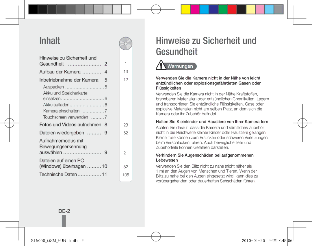 Samsung EC-ST5000DPOIR, EC-ST5000BPBE1, EC-ST5000BPBGS, EC-ST5000BPUIT Inhalt, Hinweise zu Sicherheit und Gesundheit, DE-2 