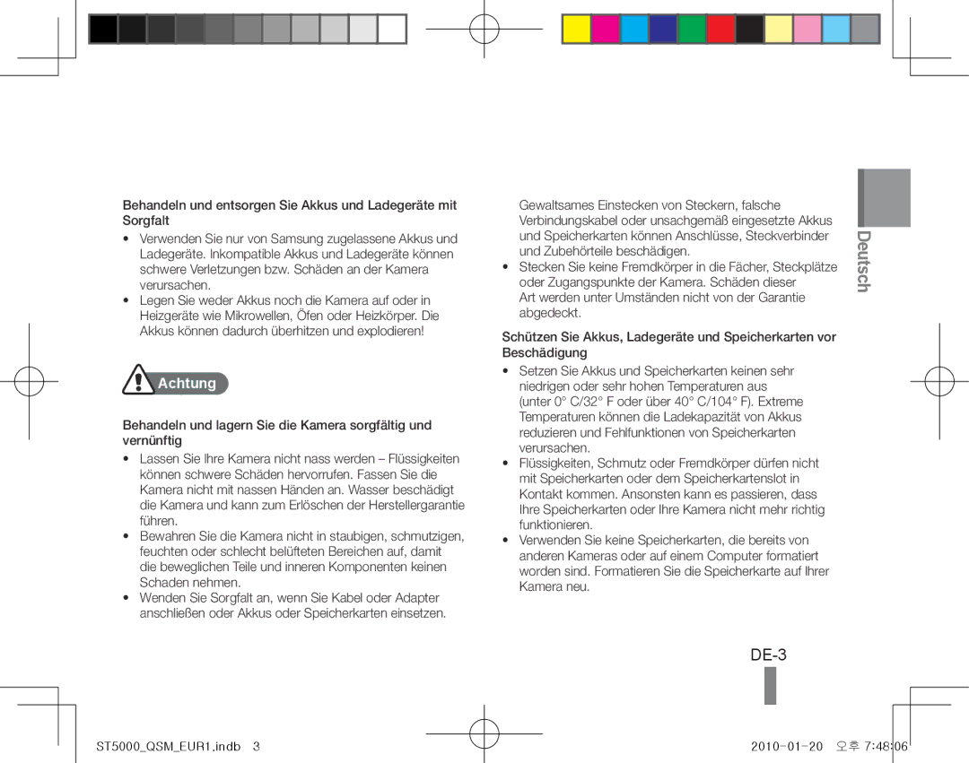 Samsung EC-ST5000DPAIR manual DE-3, Achtung, Gewaltsames Einstecken von Steckern, falsche, Und Zubehörteile beschädigen 