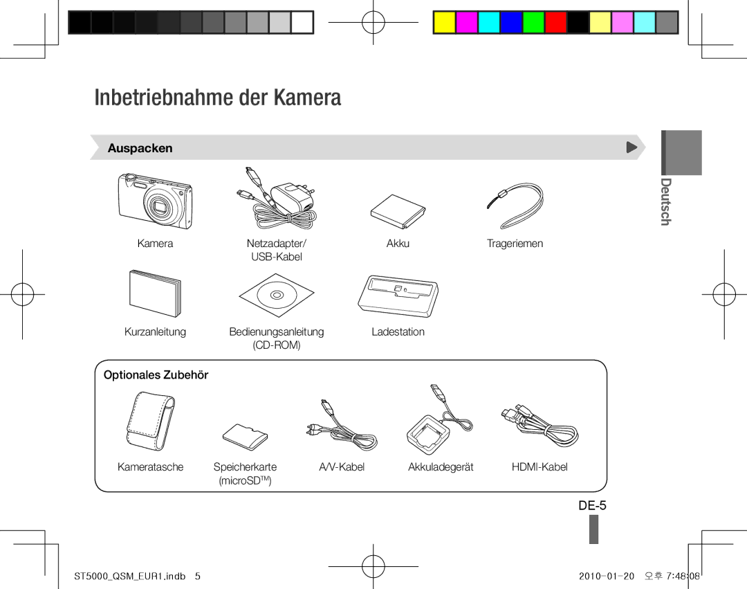 Samsung EC-ST5000DPOME, EC-ST5000BPBE1, EC-ST5000BPBGS manual Inbetriebnahme der Kamera, DE-5, Auspacken, Optionales Zubehör 