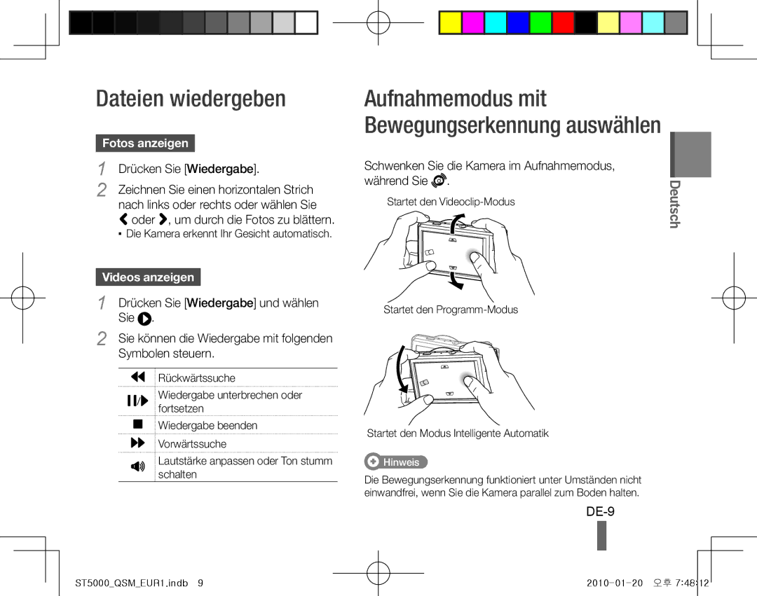 Samsung EC-ST5000BPBSA, EC-ST5000BPBE1, EC-ST5000BPBGS manual Dateien wiedergeben, DE-9, Fotos anzeigen, Videos anzeigen 