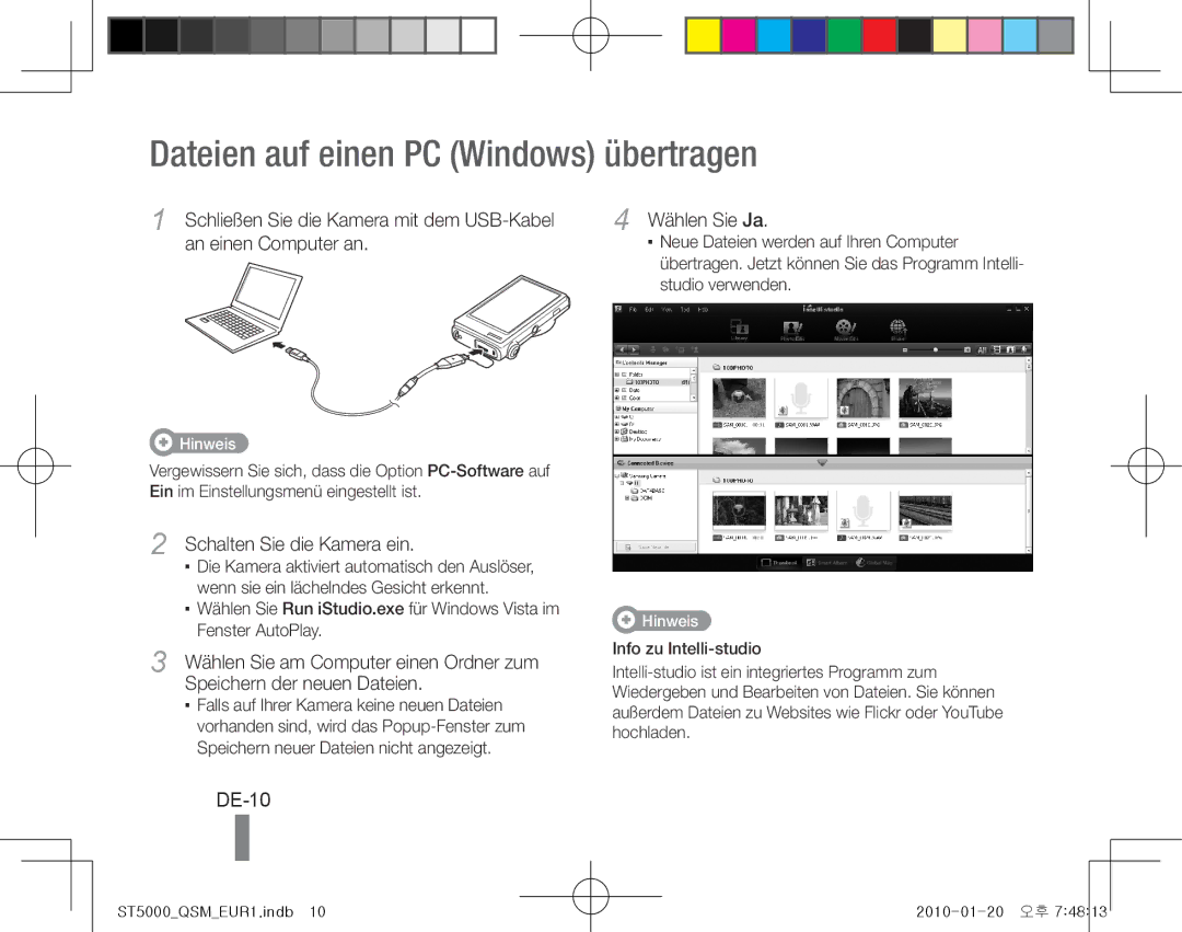 Samsung EC-ST5000BPODZ manual Dateien auf einen PC Windows übertragen, DE-10, Schalten Sie die Kamera ein, Wählen Sie Ja 