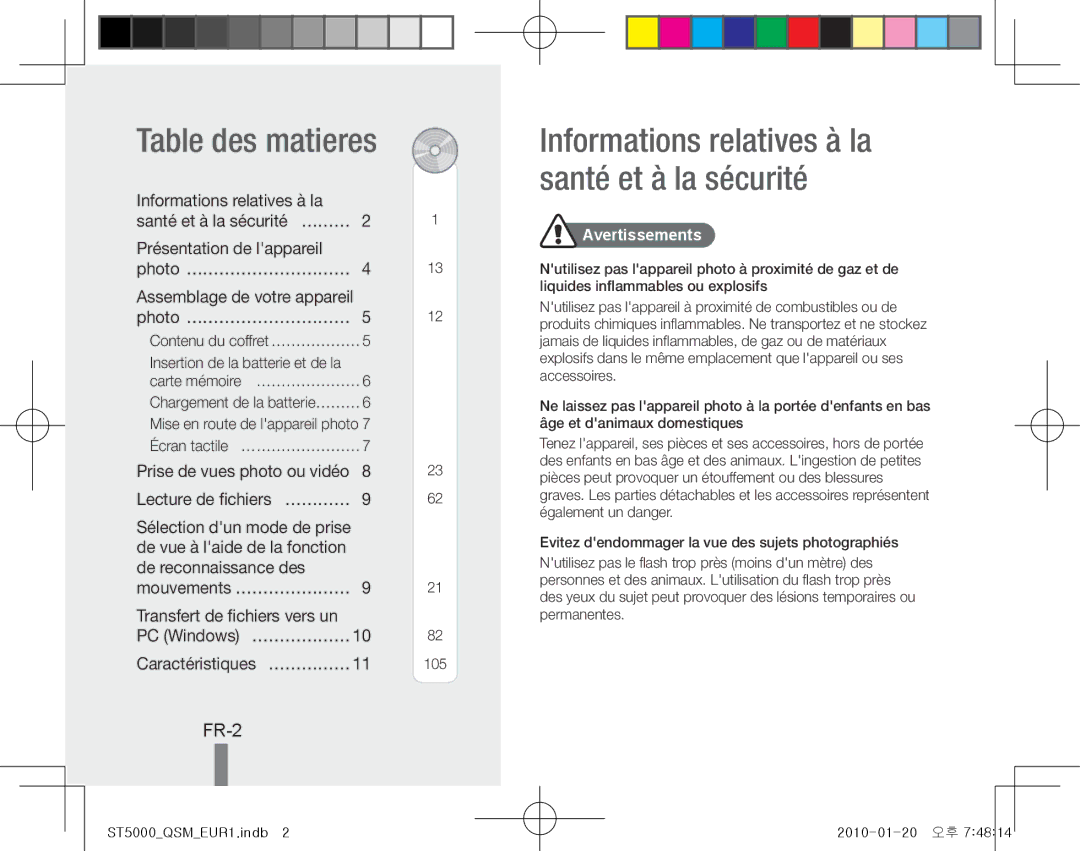 Samsung EC-ST5000BPOVN manual Table des matieres, Informations relatives à la santé et à la sécurité, FR-2, Avertissements 