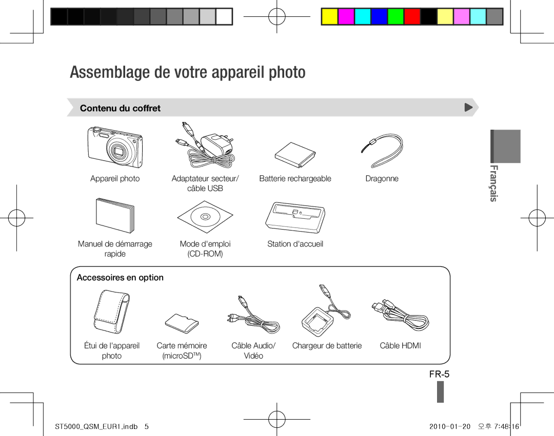 Samsung EC-ST5000BDBVN, EC-ST5000BPBE1 Assemblage de votre appareil photo, FR-5, Contenu du coffret, Accessoires en option 