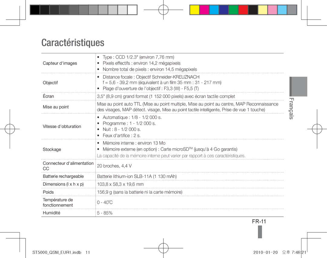 Samsung EC-ST5000BPBE2, EC-ST5000BPBE1 manual Caractéristiques, FR-11, Batterie rechargeable Dimensions l x h x p Poids 