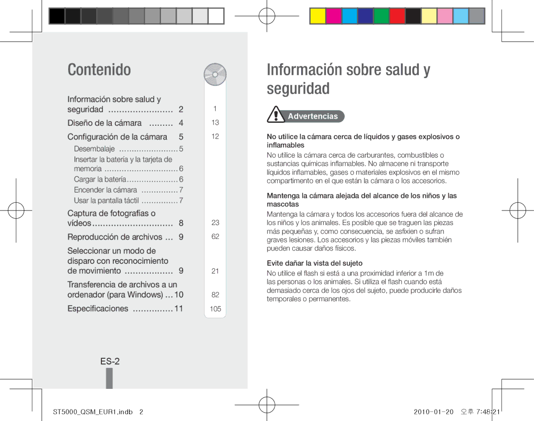 Samsung EC-ST5000BPBRU manual Contenido, Información sobre salud y seguridad, ES-2, Especificaciones… ……………, Advertencias 