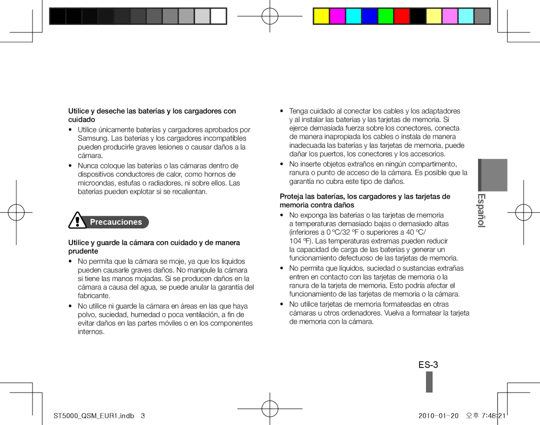 Samsung EC-ST5000BPARU, EC-ST5000BPBE1, EC-ST5000BPBGS, EC-ST5000BPUIT, EC-ST5000BPBIT, EC-ST5000BPAIT manual ES-3, Precauciones 