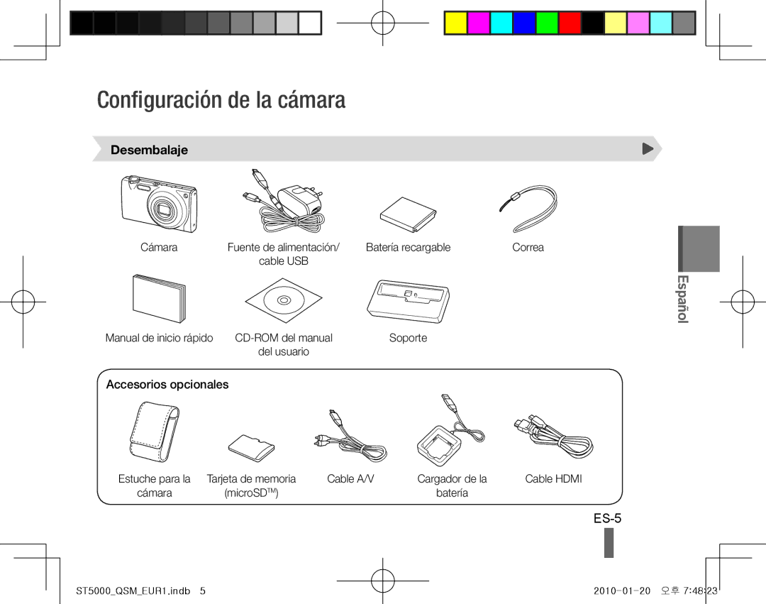 Samsung EC-ST5000BPORU, EC-ST5000BPBE1, EC-ST5000BPBGS Configuración de la cámara, ES-5, Desembalaje, Accesorios opcionales 