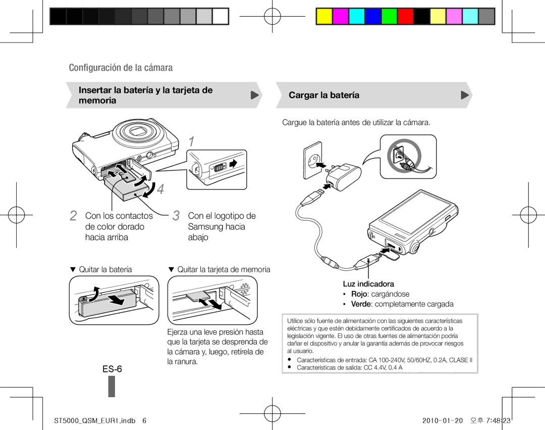 Samsung EC-ST5000BPAIL manual ES-6, Insertar la batería y la tarjeta de memoria, Con los contactos, Cargar la batería 