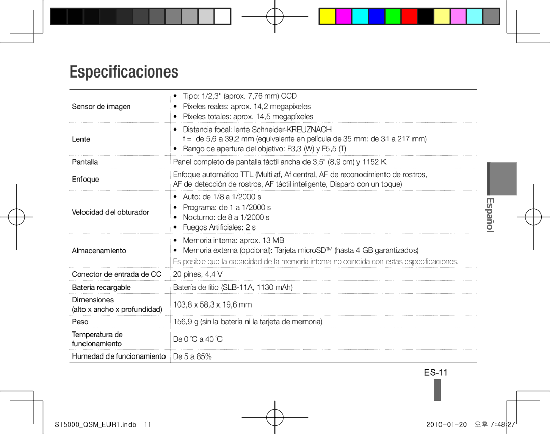 Samsung EC-ST5000BPBIT, EC-ST5000BPBE1, EC-ST5000BPBGS manual Especificaciones, ES-11, Batería recargable Dimensiones, Peso 