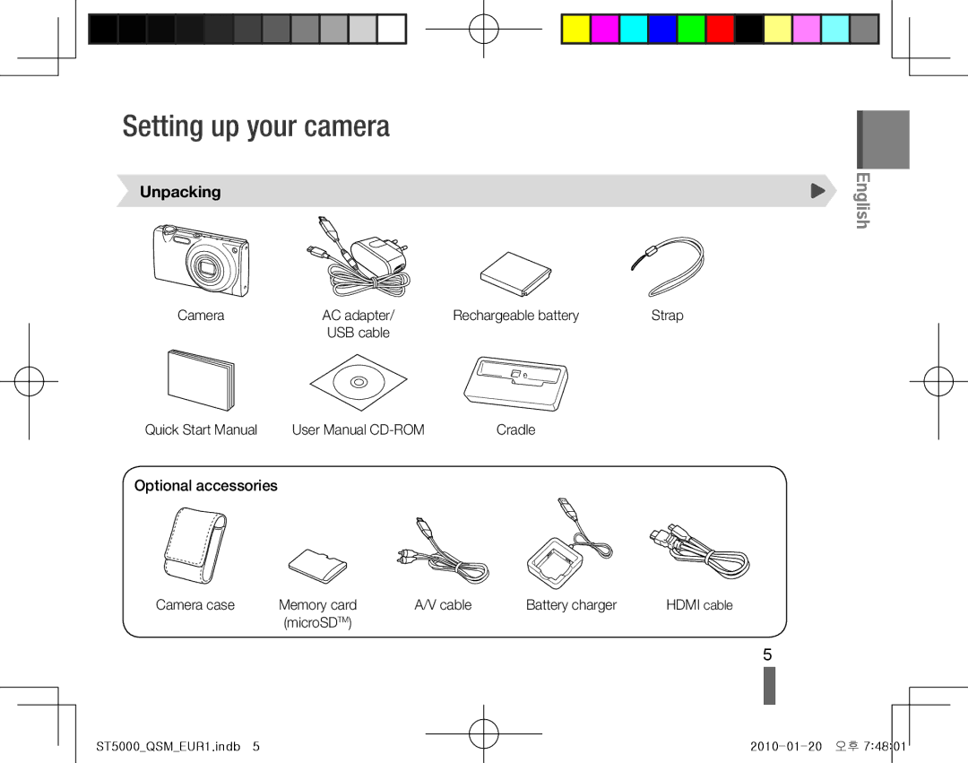 Samsung EC-ST5000BPOIT, EC-ST5000BPBE1, EC-ST5000BPBGS manual Setting up your camera, Unpacking, Optional accessories 