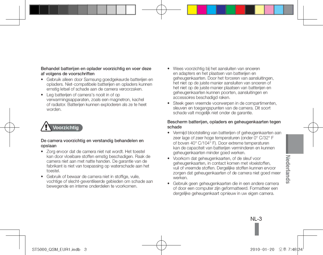 Samsung EC-ST5000DPOME, EC-ST5000BPBE1 manual NL-3, Voorzichtig, De camera voorzichtig en verstandig behandelen en opslaan 
