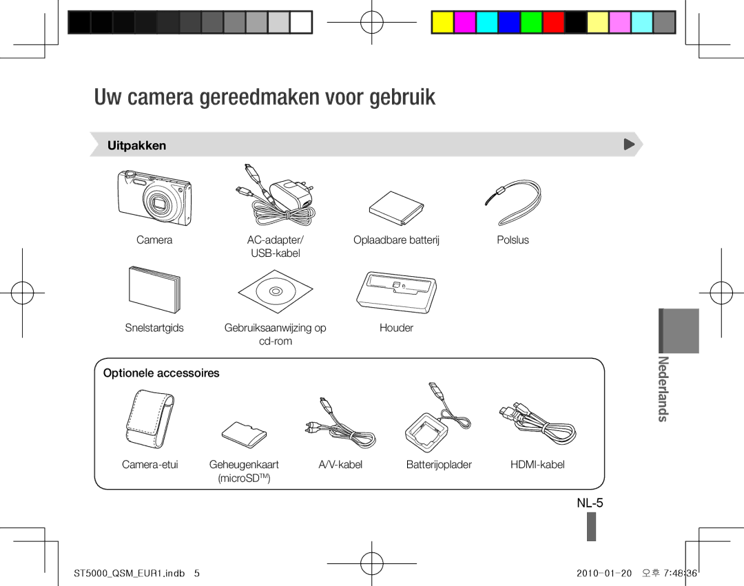 Samsung EC-ST5000BPBDZ, EC-ST5000BPBE1 manual Uw camera gereedmaken voor gebruik, NL-5, Uitpakken, Optionele accessoires 