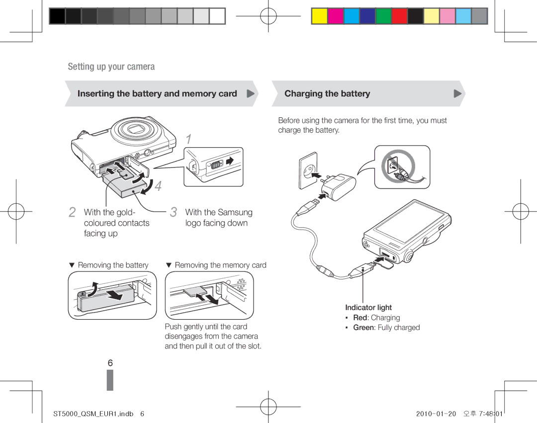 Samsung EC-ST5000BPAE1, EC-ST5000BPBE1 Inserting the battery and memory card, With the gold, Coloured contacts, Facing up 