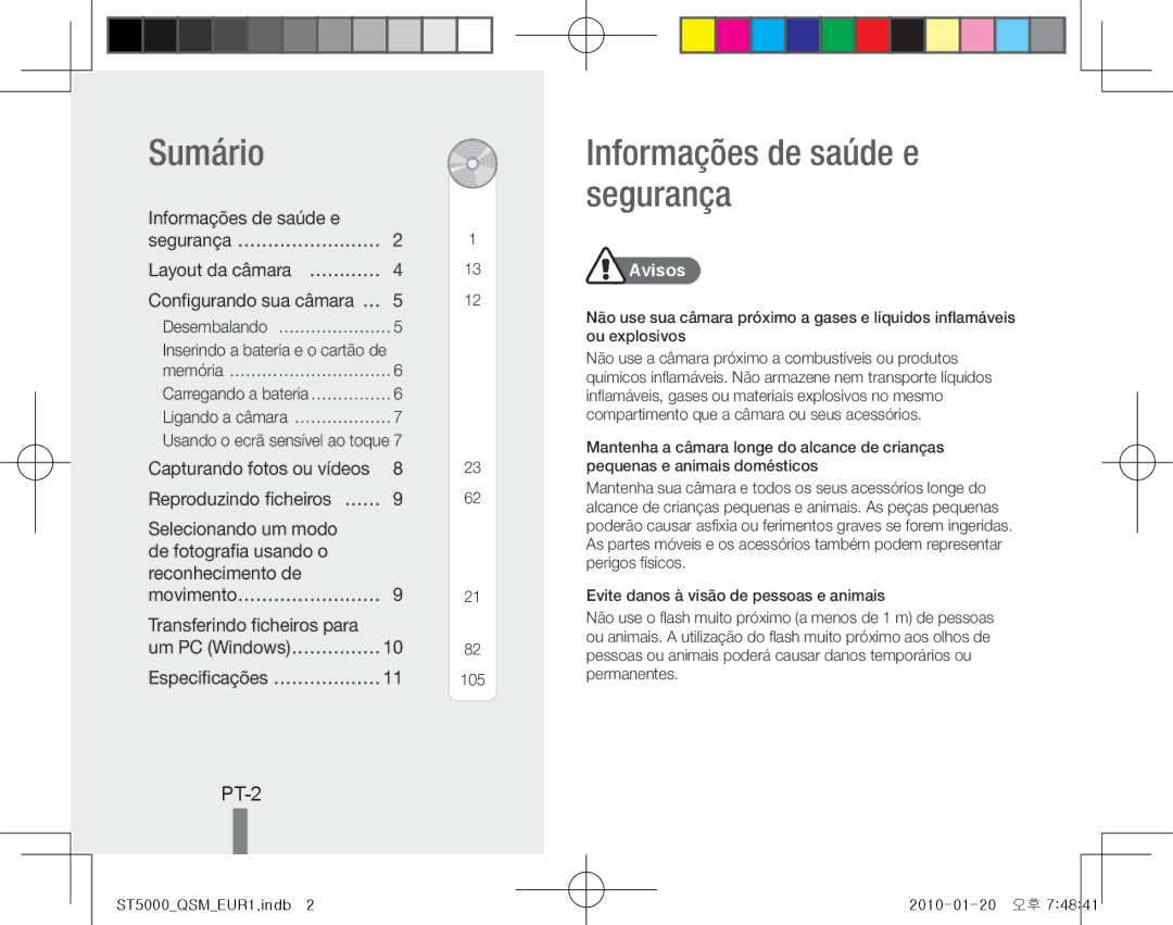 Samsung EC-ST5000BPBVN Sumário, Informações de saúde e segurança, PT-2, Layout da câmara… ………… Configurando sua câmara… … 