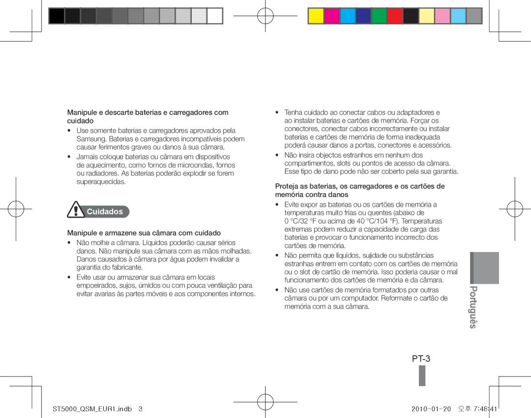 Samsung EC-ST5000BDBVN, EC-ST5000BPBE1 manual PT-3, Manipule e descarte baterias e carregadores com cuidado, Cuidados 