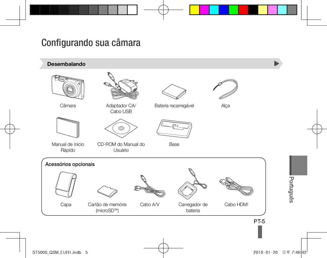 Samsung EC-ST5000BPBE3, EC-ST5000BPBE1, EC-ST5000BPBGS Configurando sua câmara, PT-5, Desembalando, Acessórios opcionais 