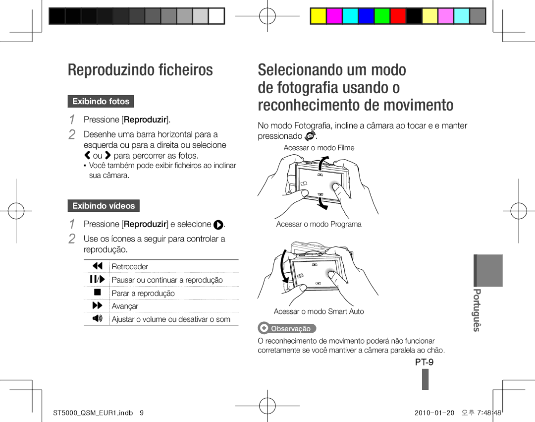 Samsung EC-ST5000BPBE2, EC-ST5000BPBE1, EC-ST5000BPBGS manual Reproduzindo ficheiros, PT-9, Exibindo fotos, Exibindo vídeos 