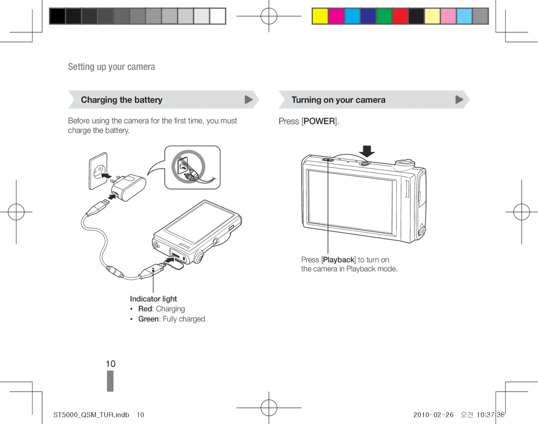 Samsung EC-ST5000BPOSA, EC-ST5000BPBE1, EC-ST5000BPBGS manual Charging the battery, Turning on your camera, Press Power 