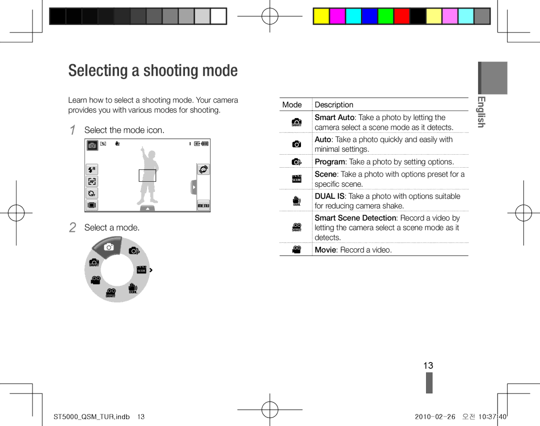 Samsung EC-ST5000DPAIR, EC-ST5000BPBE1 Selecting a shooting mode, Select the mode icon Select a mode, Movie Record a video 