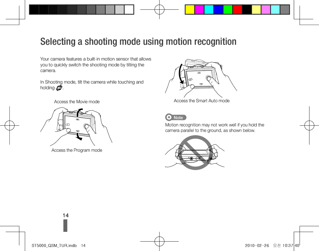 Samsung EC-ST5000DPAME, EC-ST5000BPBE1 manual Selecting a shooting mode using motion recognition, Access the Program mode 