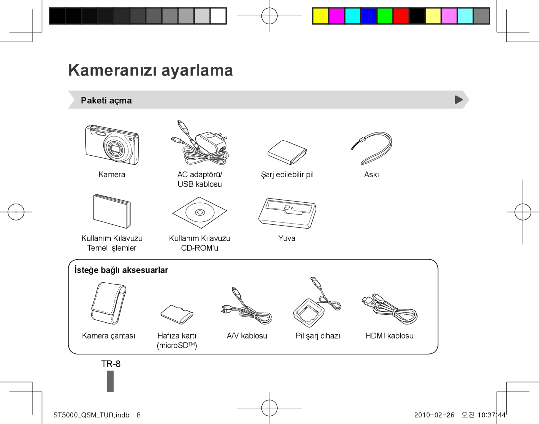 Samsung EC-ST5000BPAVN, EC-ST5000BPBE1, EC-ST5000BPBGS Kameranızı ayarlama, TR-8, Paketi açma, İsteğe bağlı aksesuarlar 