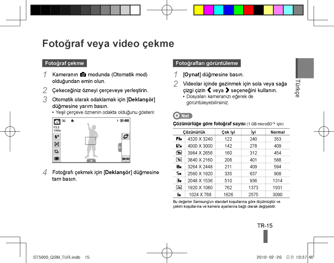 Samsung EC-ST5000BPARU, EC-ST5000BPBE1 manual Fotoğraf veya video çekme, TR-15, Fotoğraf çekme, Fotoğrafları görüntüleme 