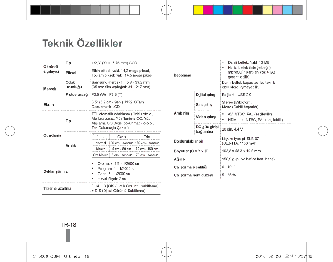 Samsung EC-ST5000BPAIL, EC-ST5000BPBE1, EC-ST5000BPBGS, EC-ST5000BPUIT, EC-ST5000BPBIT manual Teknik Özellikler, TR-18 