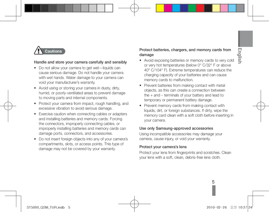 Samsung EC-ST5000BPOIT manual Protect batteries, chargers, and memory cards from damage, Protect your camera’s lens 