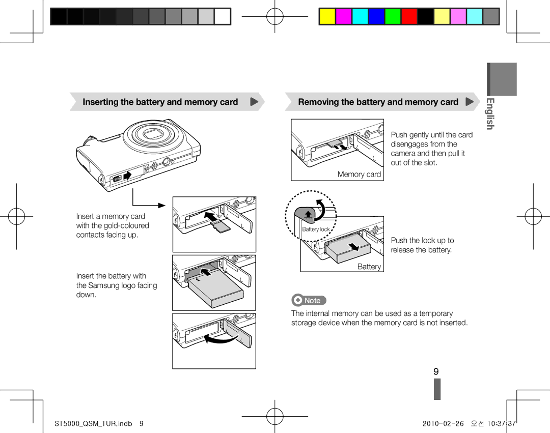 Samsung EC-ST5000DPBIR manual Inserting the battery and memory card, Removing the battery and memory card, Battery 