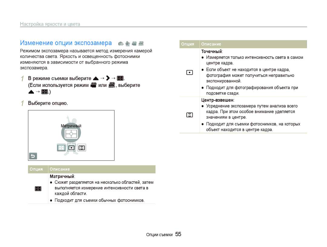 Samsung EC-ST5000BPBRU, EC-ST5000BPARU manual Изменение опции экспозамера p d v D, Точечный, Центр-взвешен, Матричный 