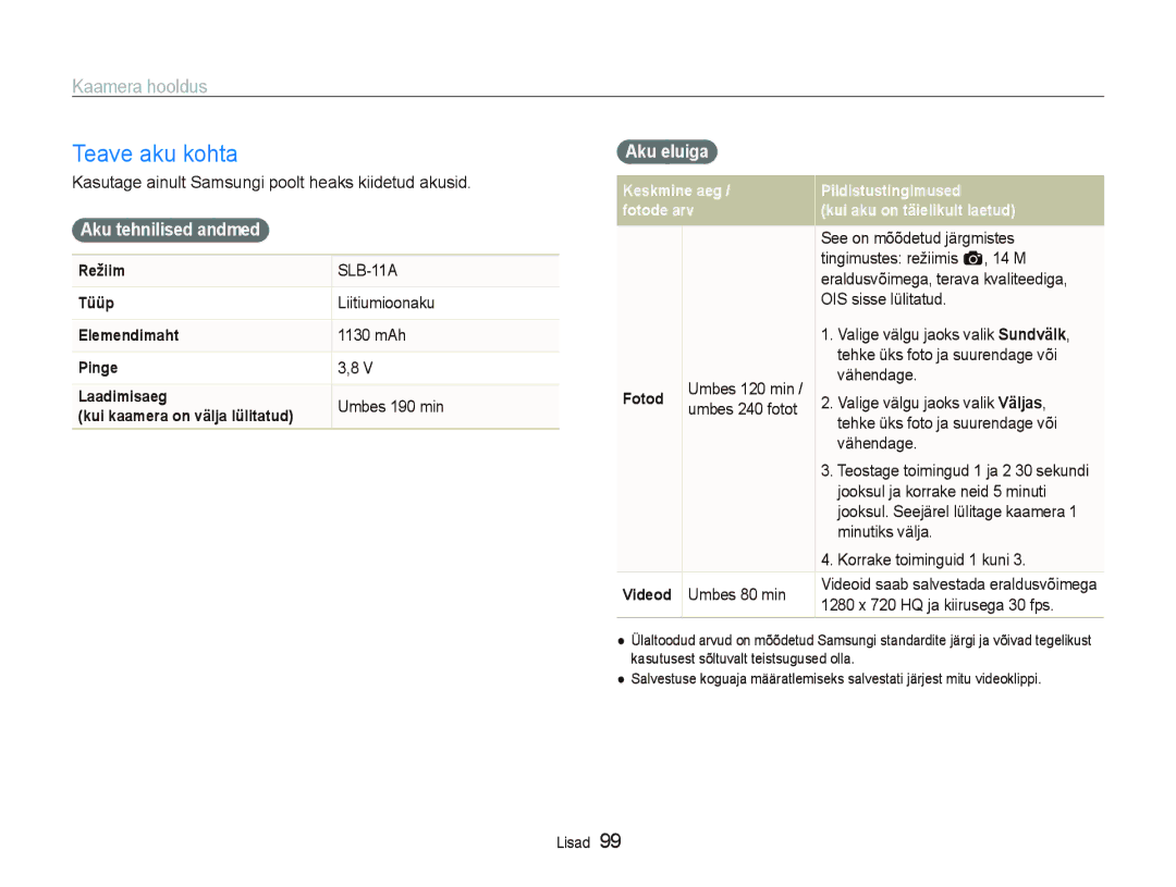 Samsung EC-ST5000BPBRU, EC-ST5000BPARU manual Teave aku kohta, Aku tehnilised andmed, Aku eluiga 